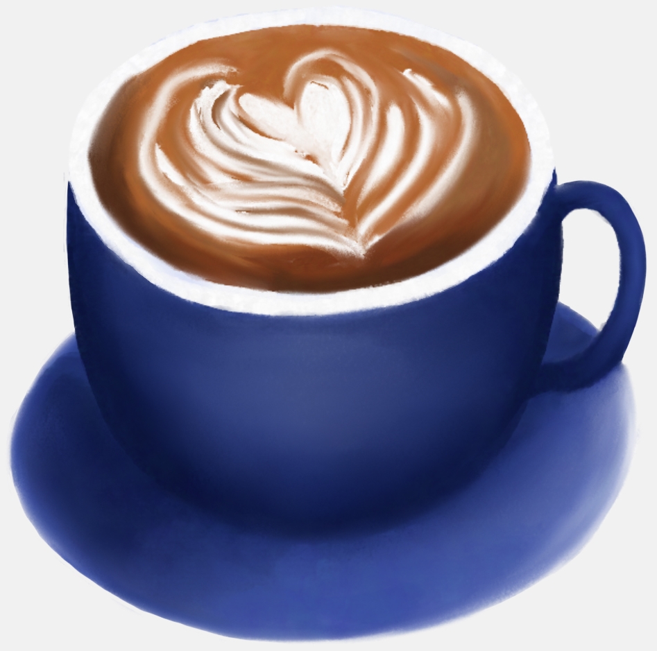 Eine im Aquarell-Stil gezeichnete blaue Kaffeetasse mit Latteartmuster.